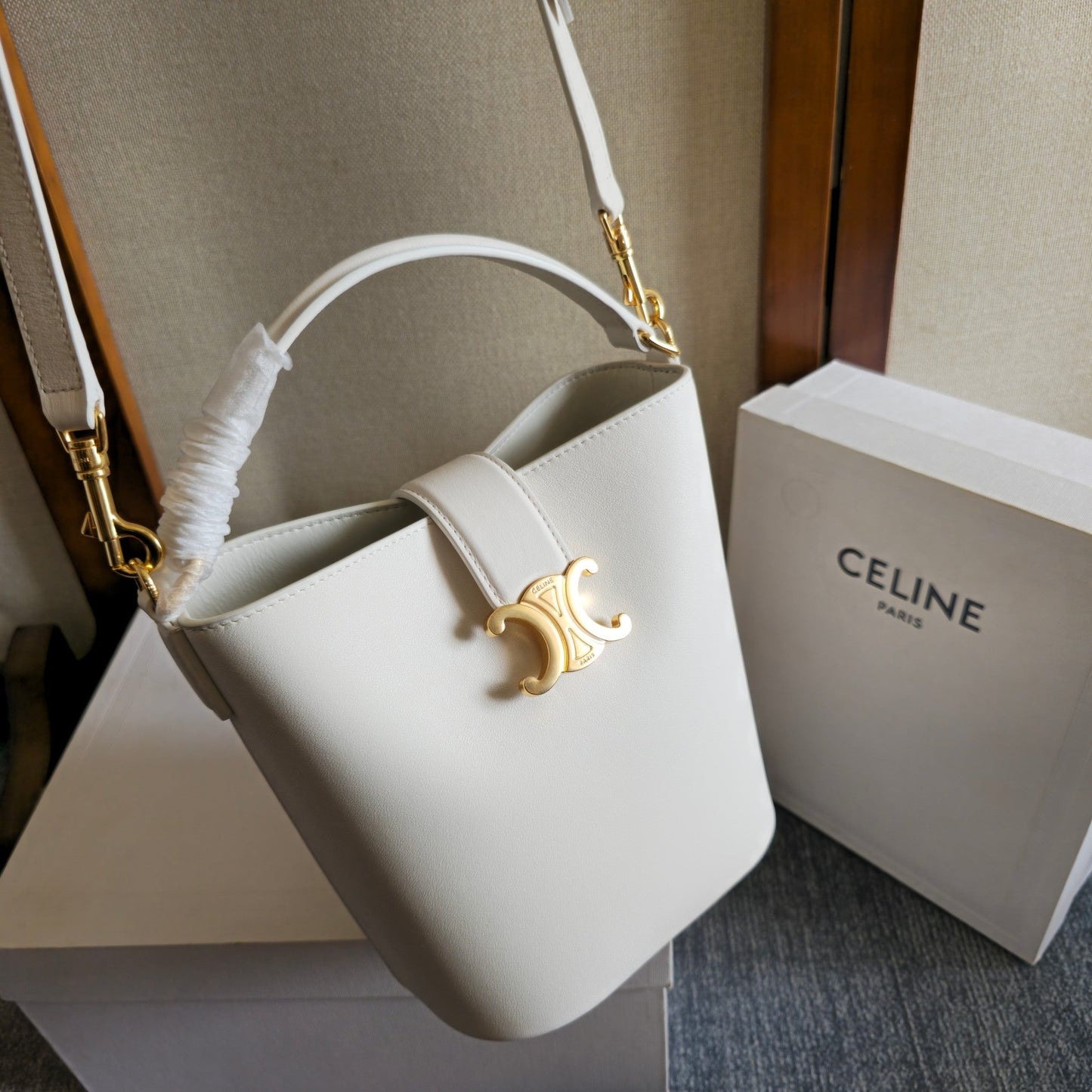 Celine Medium Bucket Louise Bag White Calfskin