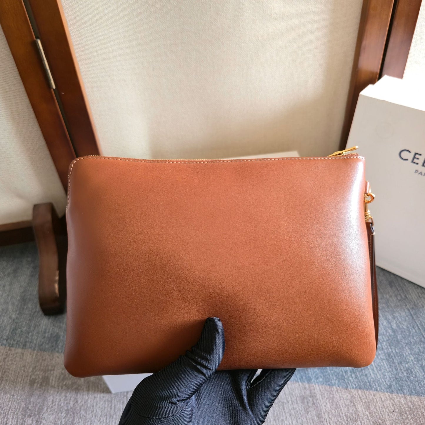 Celine Triomphe Wristlet Clutch Brown Leather