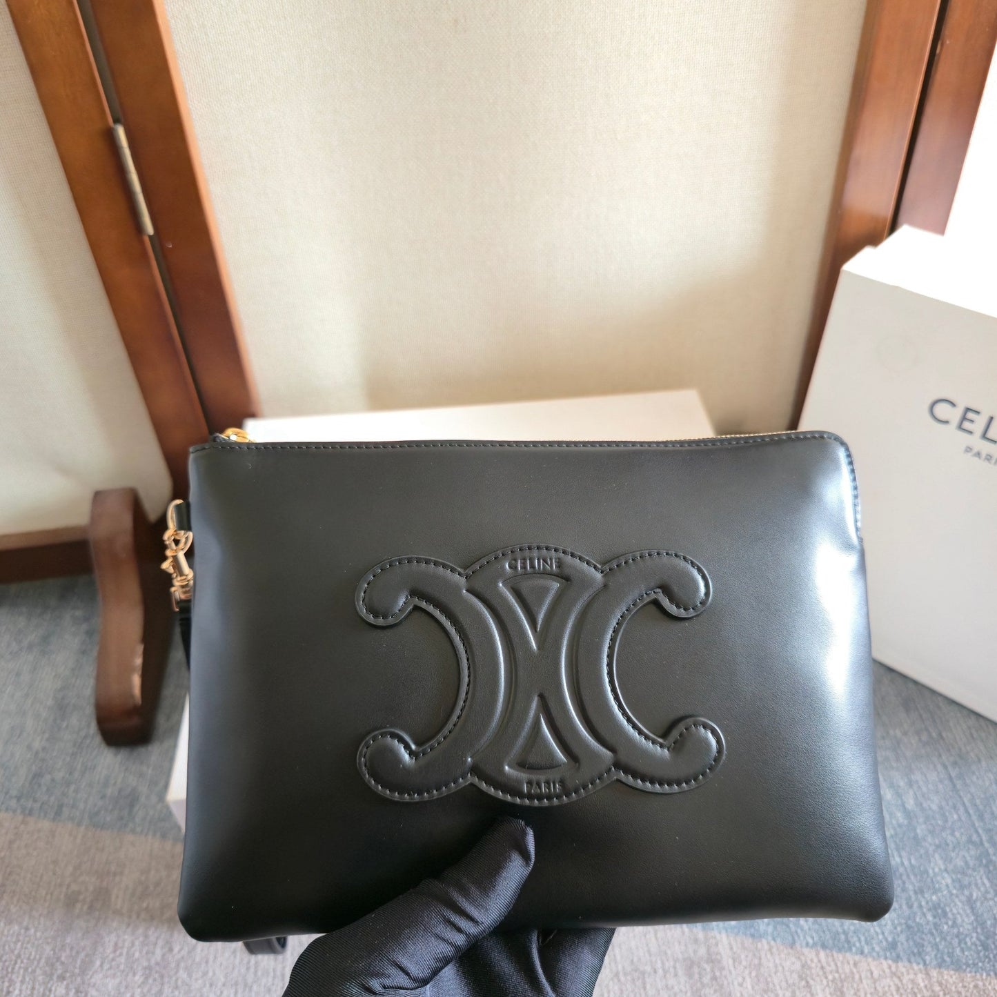 Celine Triomphe Wristlet Clutch Black Leather