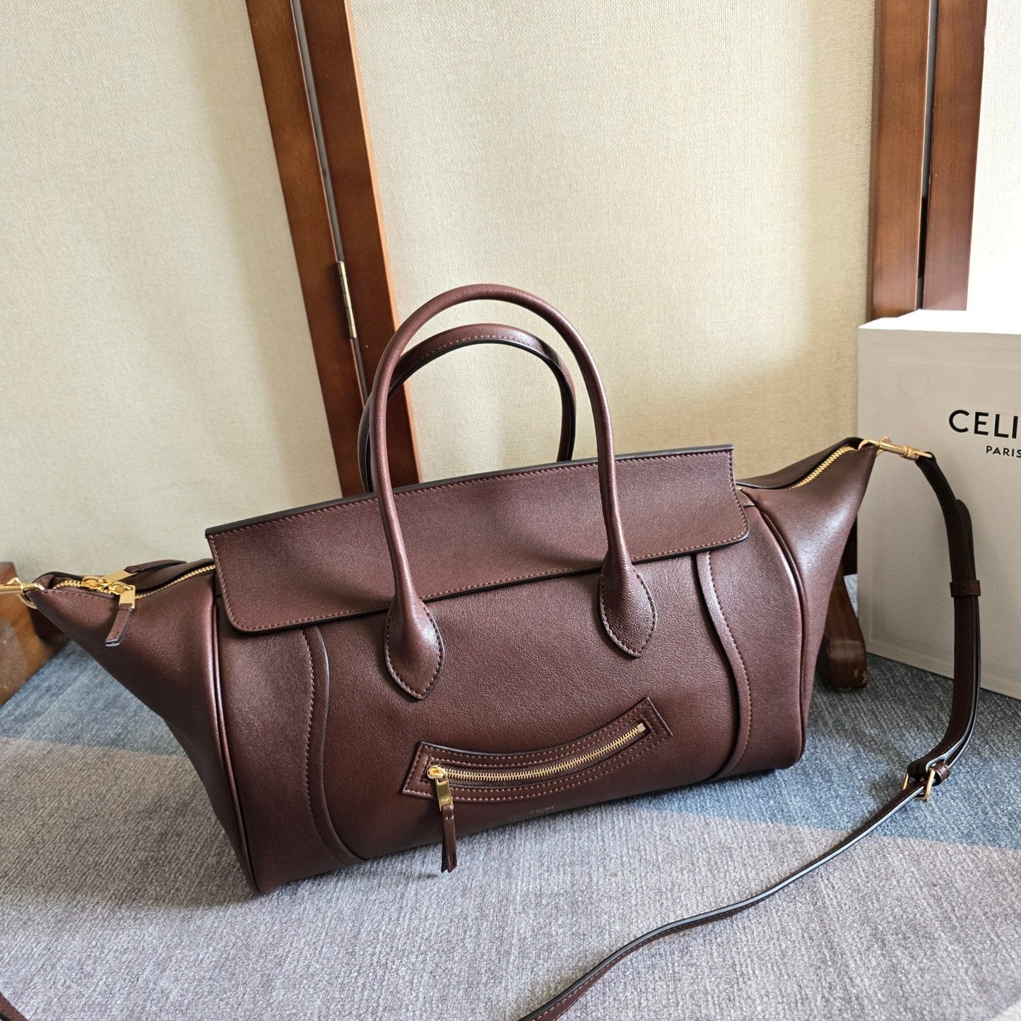 Celine 2026 Small Luggage Brown Shiny Lambskin