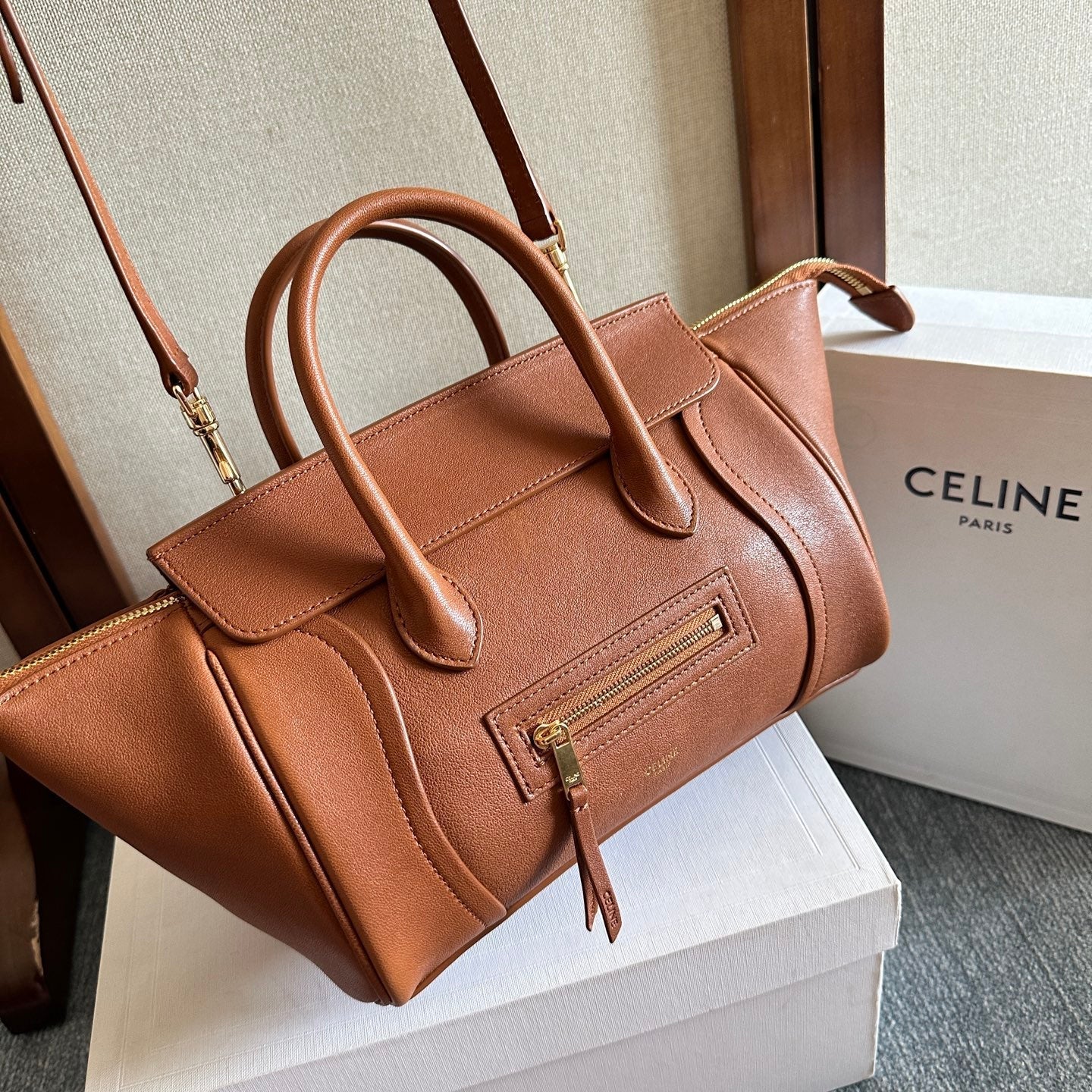 Celine Small Smiling New Luggage Light Brown Lambskin