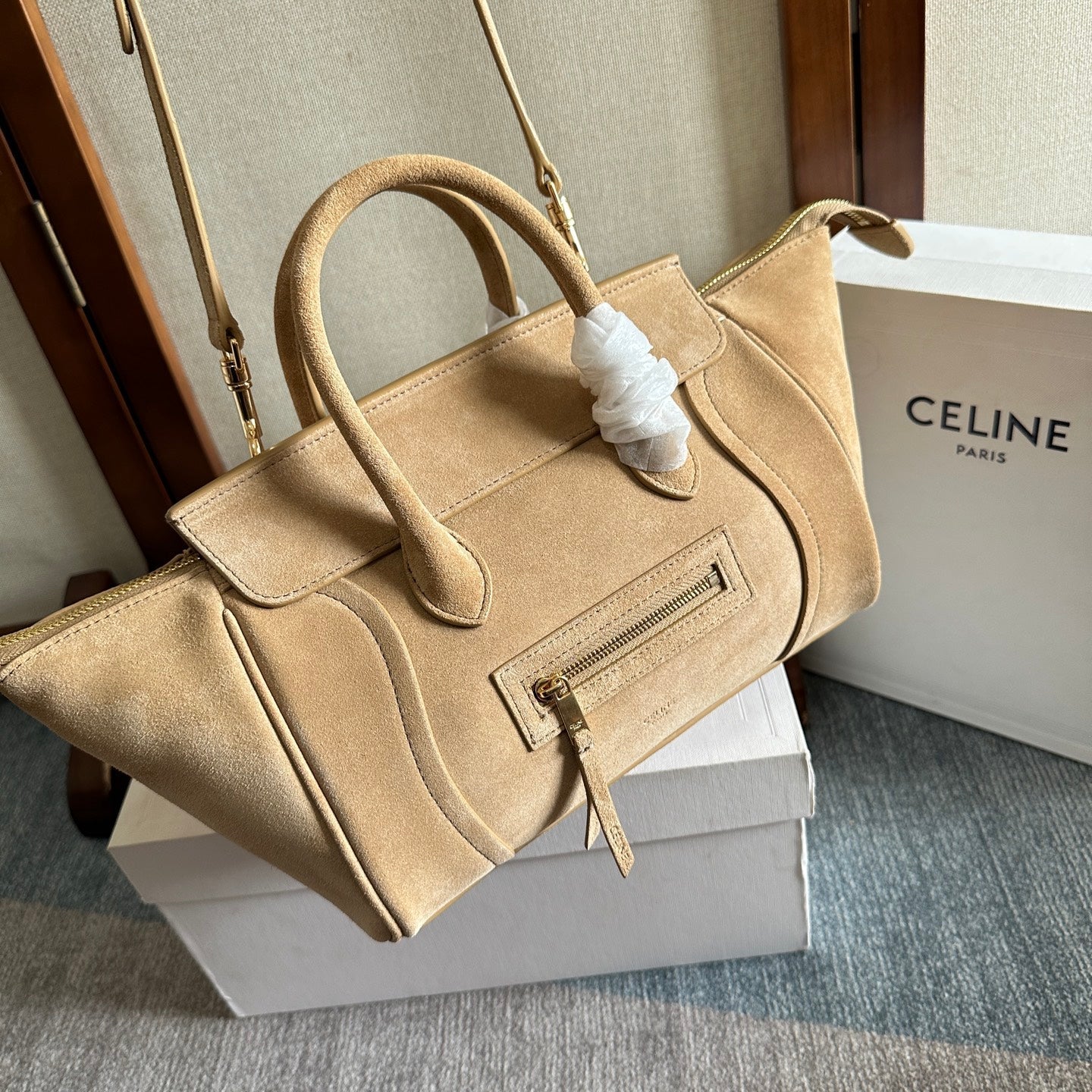 Celine Small Smiling New Luggage Light Khahi Suede