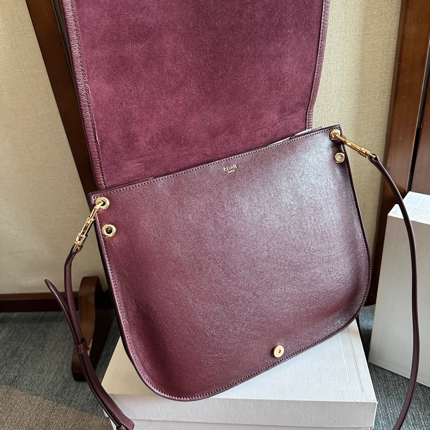 Celine Besace Soft Triomphe Bag Dark Burgundy Lambskin
