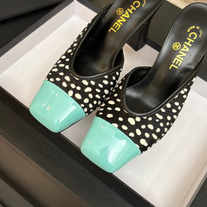 Chanel 2026 Pony Fur Green Square Toe Block Heel Pump Mule 672409