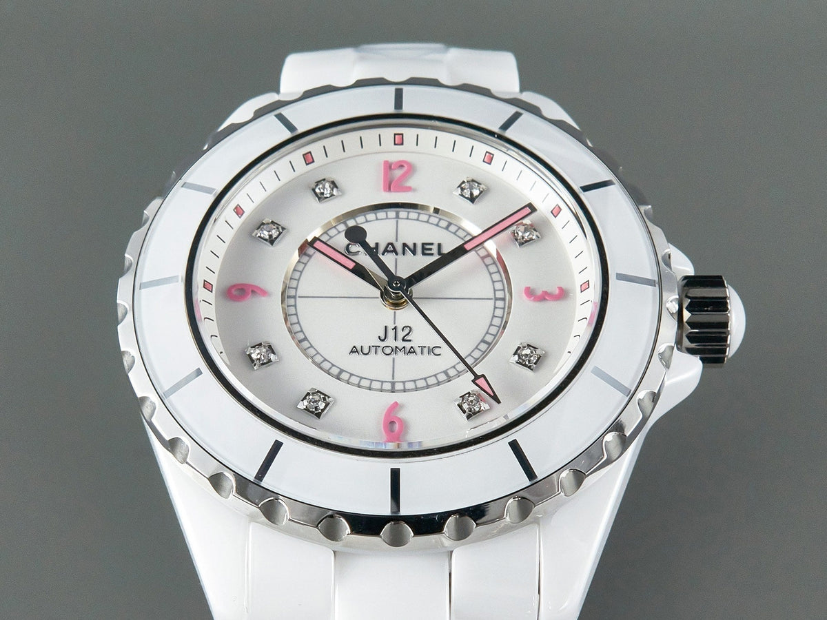 J12 Automatic White Ceramic Pink Diamond Numerals White Dial