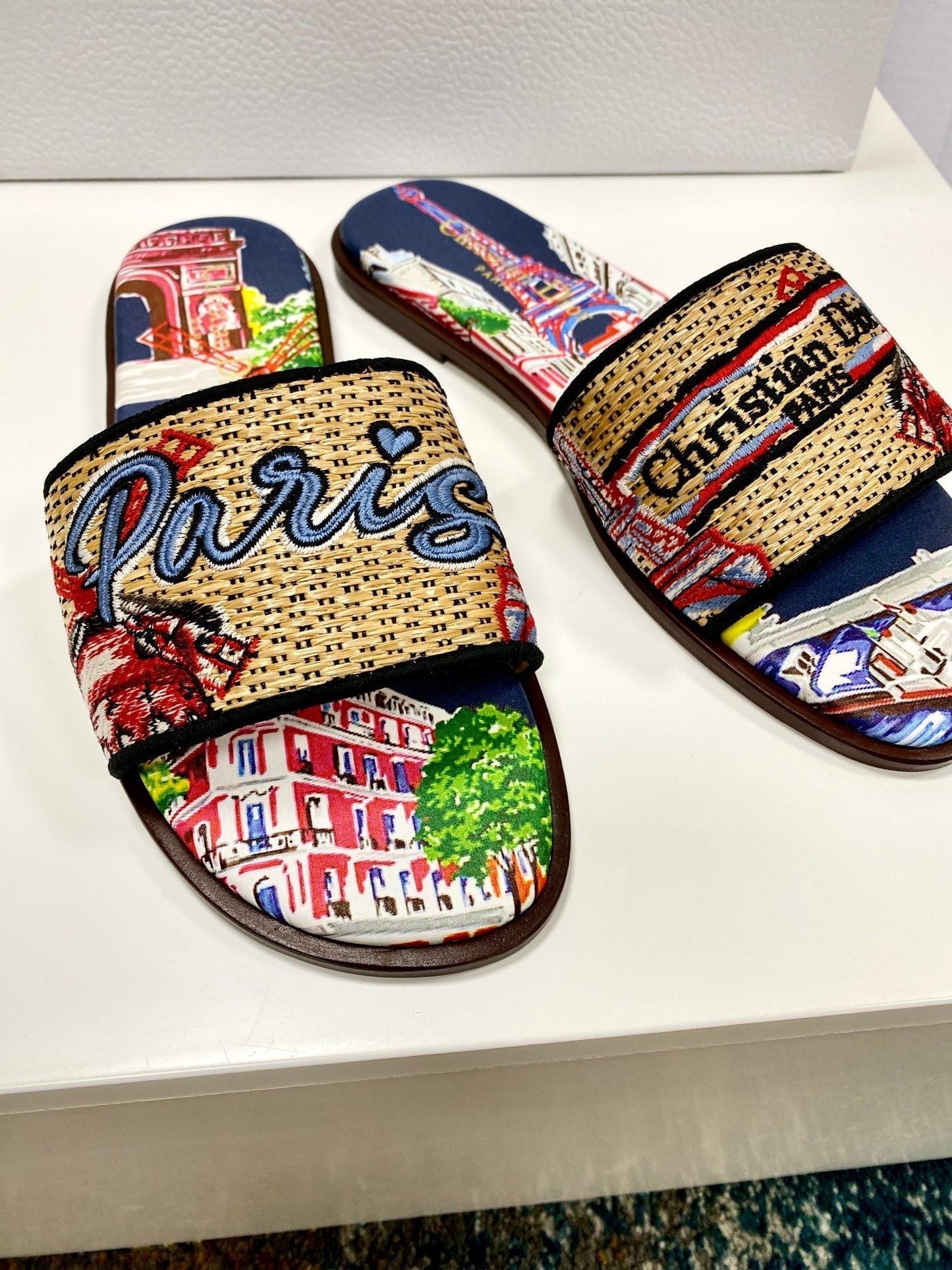 CD 26s Embroidered Sandals Beige Multicolor Canvas Leather 683009