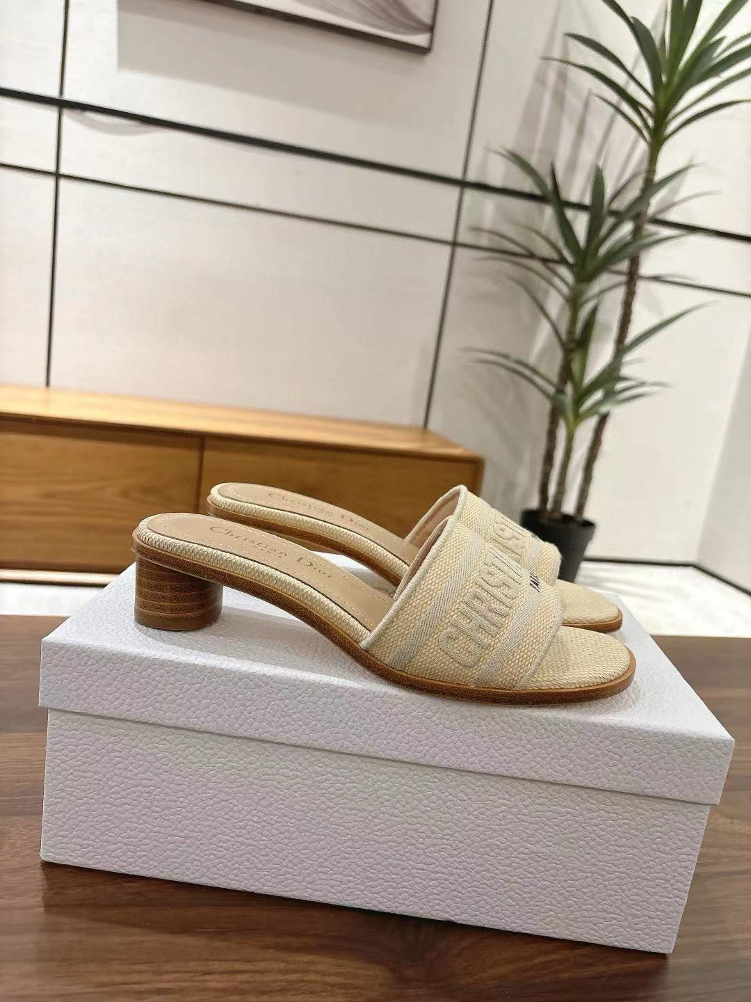 CD 26s Embroidered Sandals Beige Canvas Sheepskin 664323