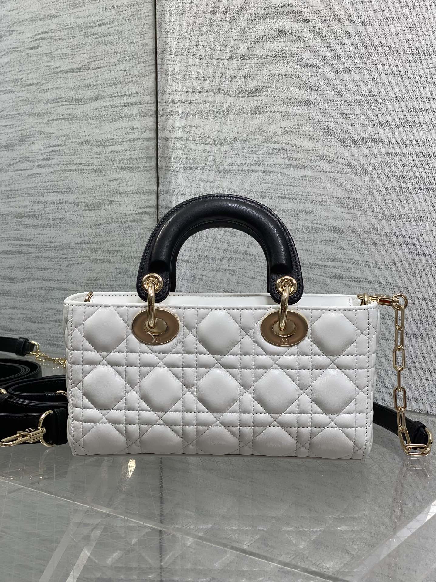 Dior 2026 Lady Bow D-Joy Bag White Black Lambskin With Diamond Hardware 284141