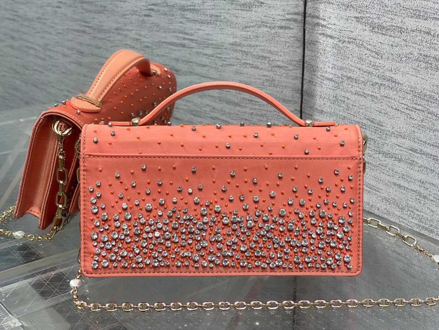 Dior 2026 Crystal Embellishments Lady Bag 24cm Coral Orange Leather 355276