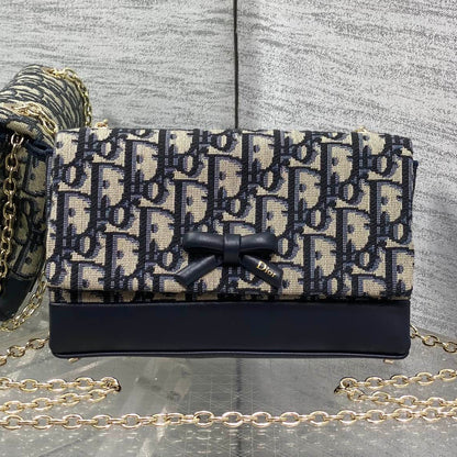 Dior 2026 Oblique Bow Bag 21cm Blue Beige Fabric Leather 378809