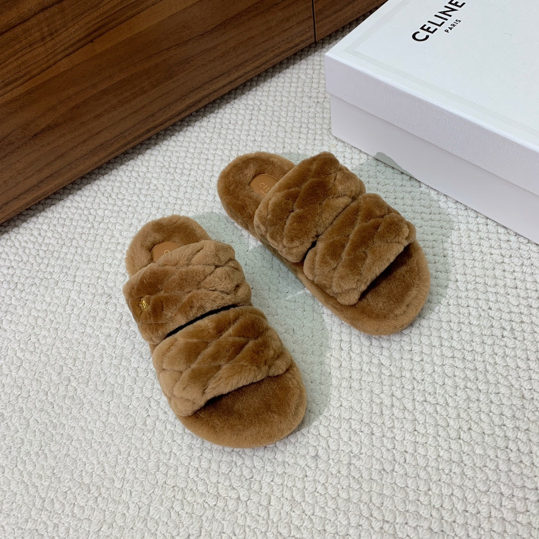 Celine 26s Two-Strap Quilted Sandals In Brown Wool