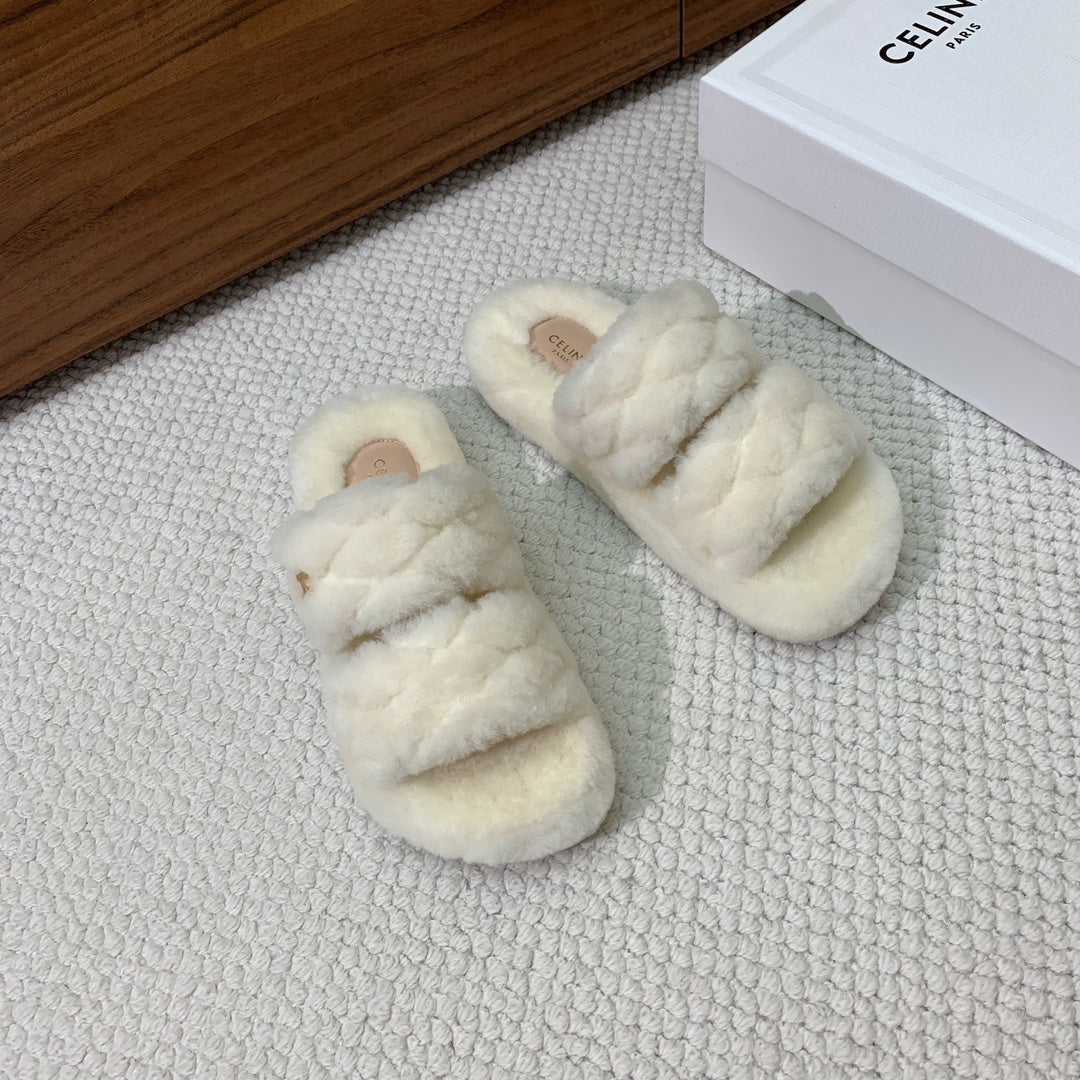 Celine 26s Two-Strap Quilted Sandals In White Wool