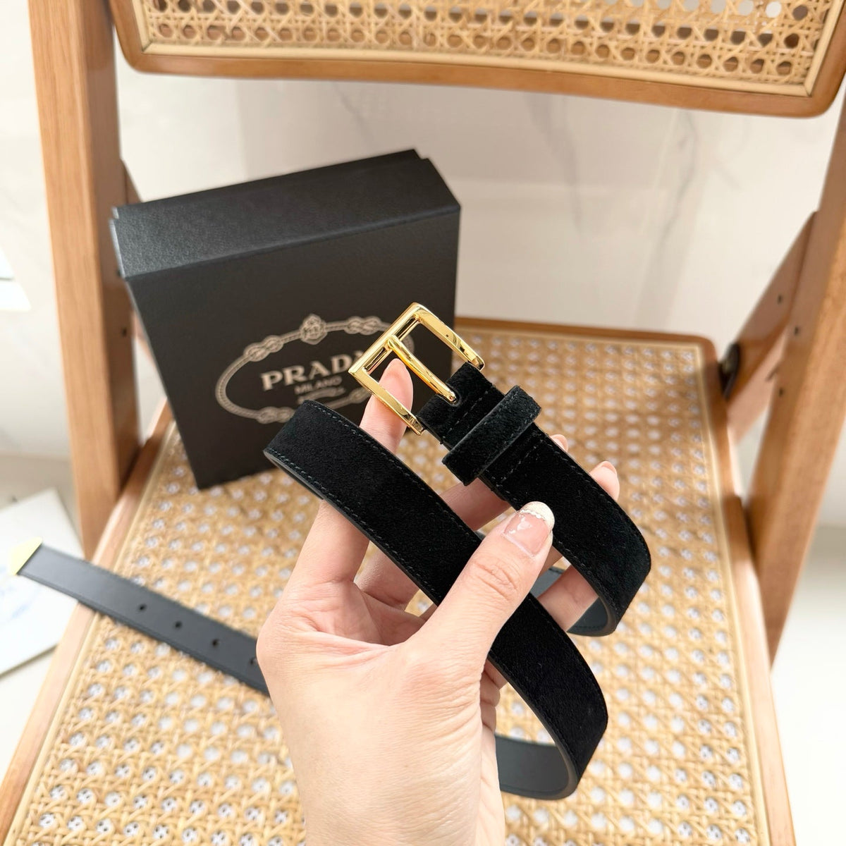 PRADA 25S BELT 25 MM IN BLACK SUEDE 542641