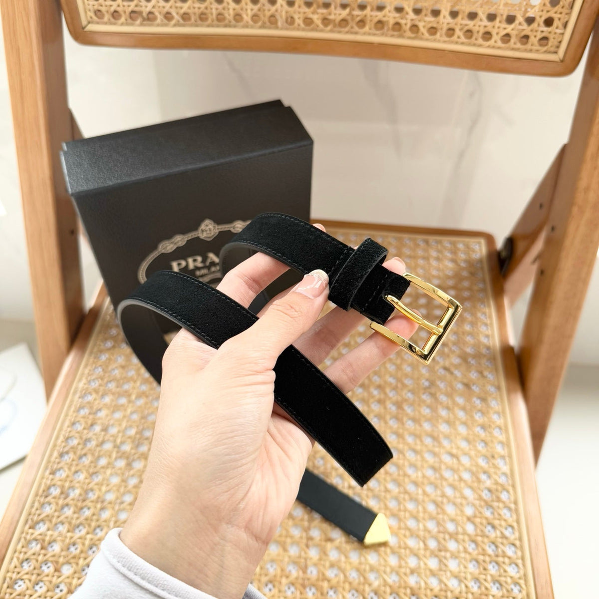 PRADA 25S BELT 25 MM IN BLACK SUEDE 542641