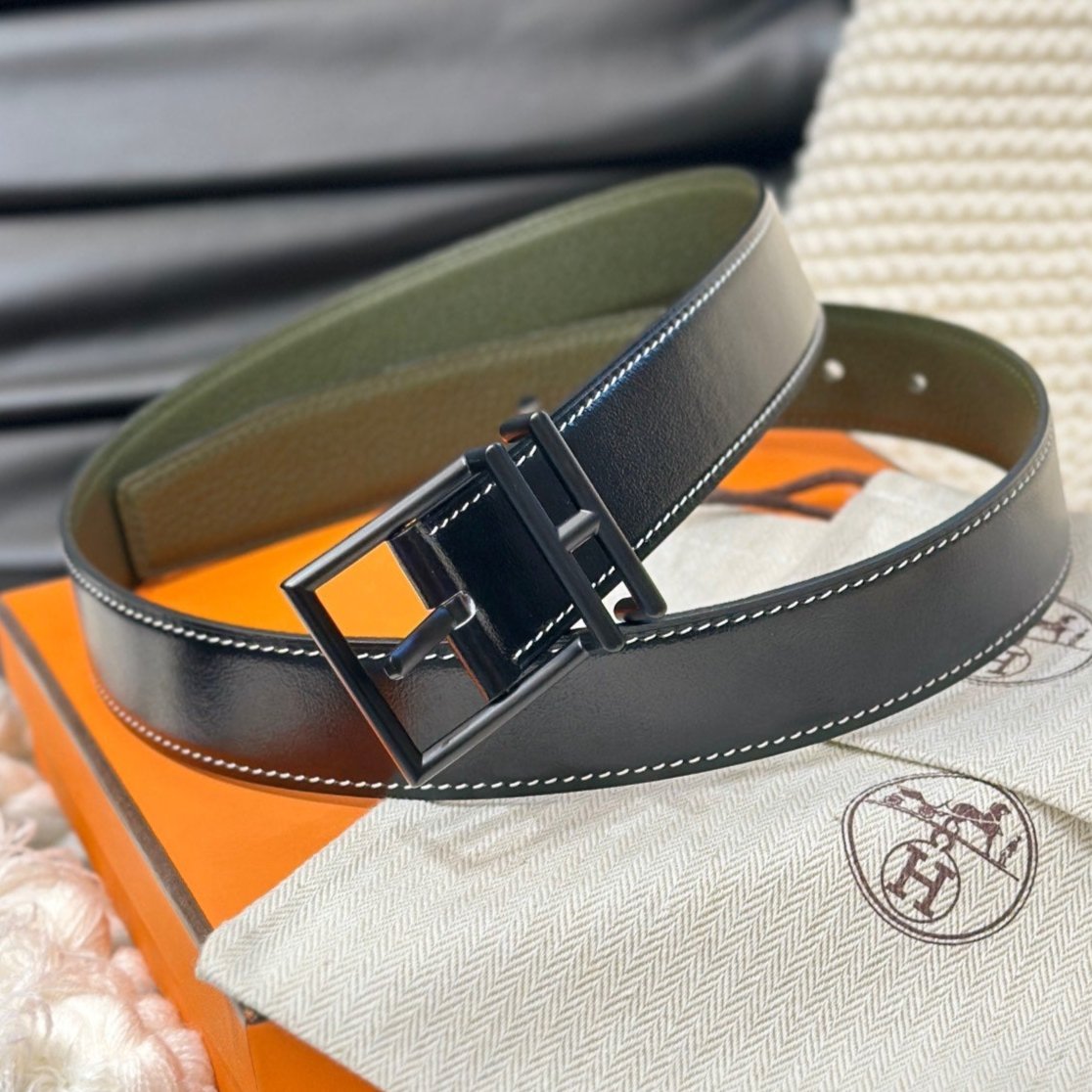 HM NATHAN REVERSIBLE BELT  32MM OLIVE GREEN AND BLACK LEATHER BLACK HARDWARE