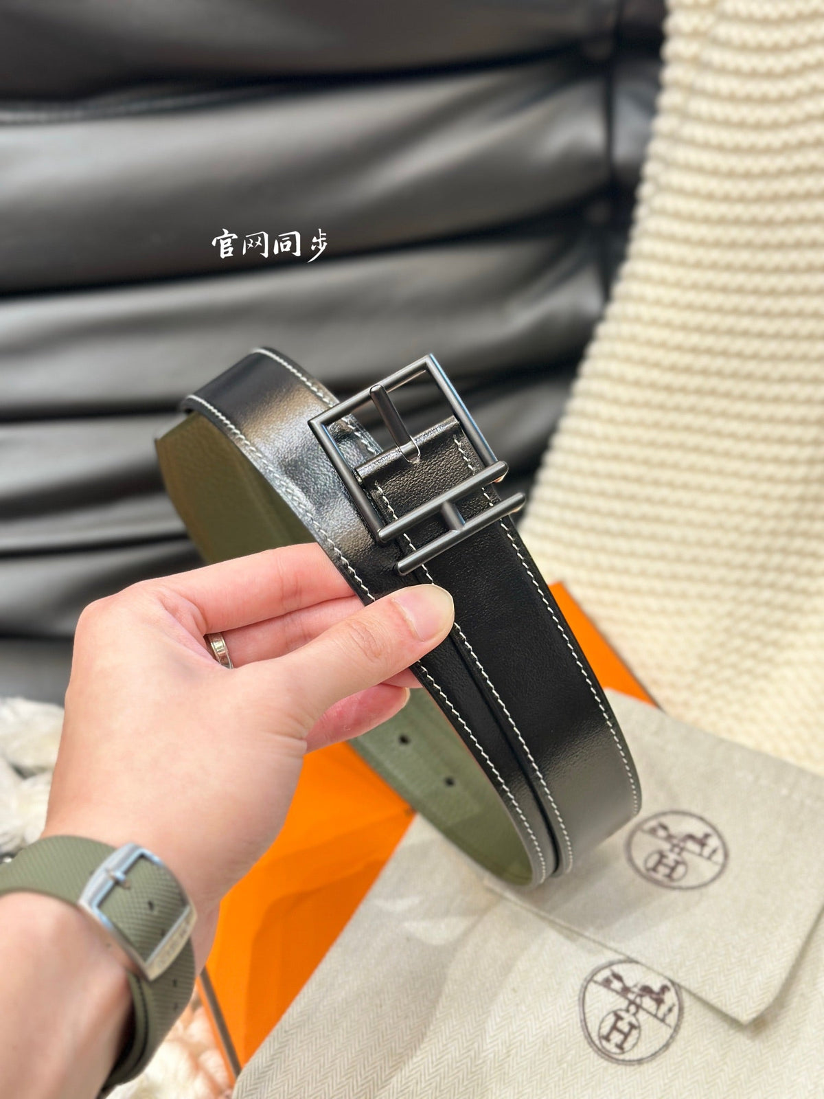 HM NATHAN REVERSIBLE BELT  32MM OLIVE GREEN AND BLACK LEATHER BLACK HARDWARE