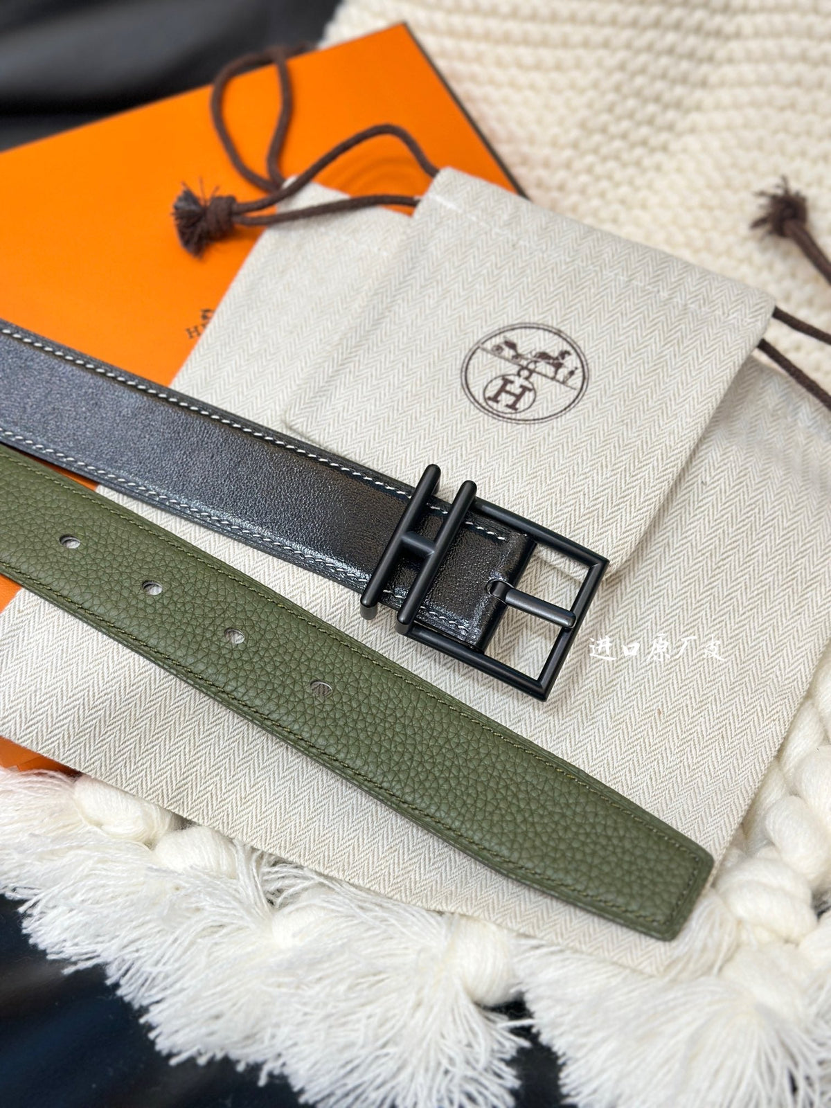 HM NATHAN REVERSIBLE BELT  32MM OLIVE GREEN AND BLACK LEATHER BLACK HARDWARE