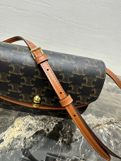 Celin Duo Wallet On Strap Triomphe Brown Black Canvas and Calfskin