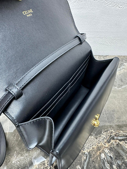 Celin Duo Wallet On Strap Triomphe Black Calfskin