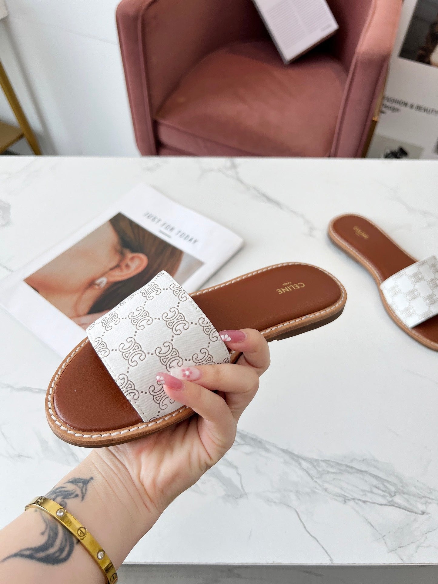 Celine 25C Slippers White Monagram Silk with Calfskin 238145