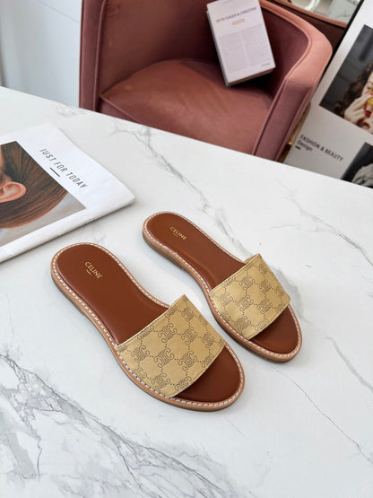 Celine 25C Slippers Egg Nog Monagram Silk with Calfskin 238148