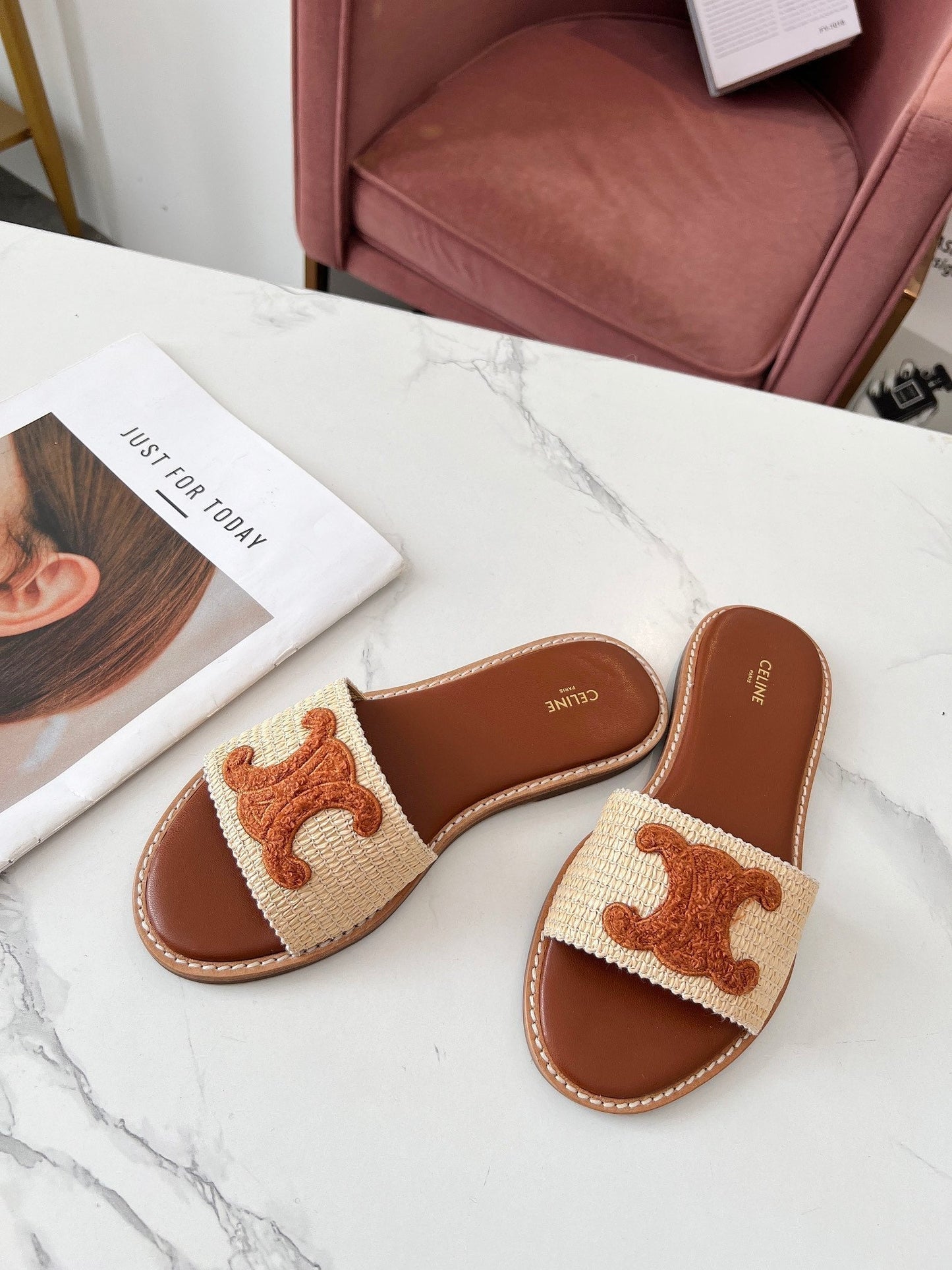Celine 25C Slippers Beige mix Brown Fabric with Calfskin 238152
