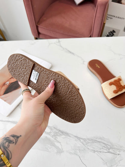 Celine 25C Slippers Beige mix Brown Fabric with Calfskin 238152