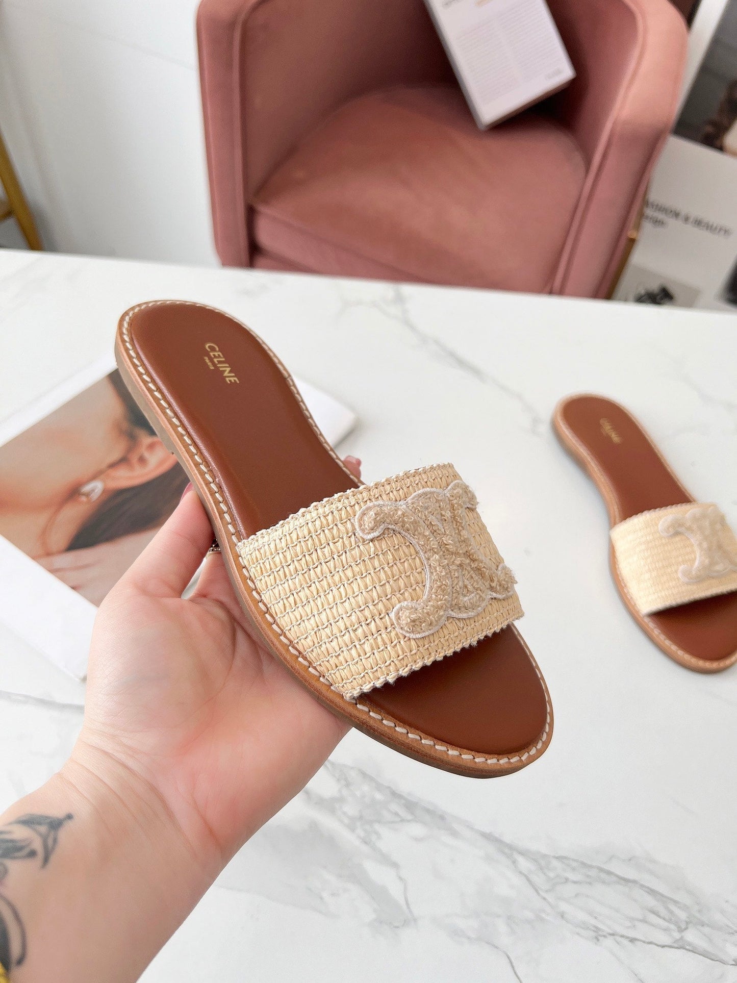 Celine 25C Slippers Beige Fabric with Calfskin 238154