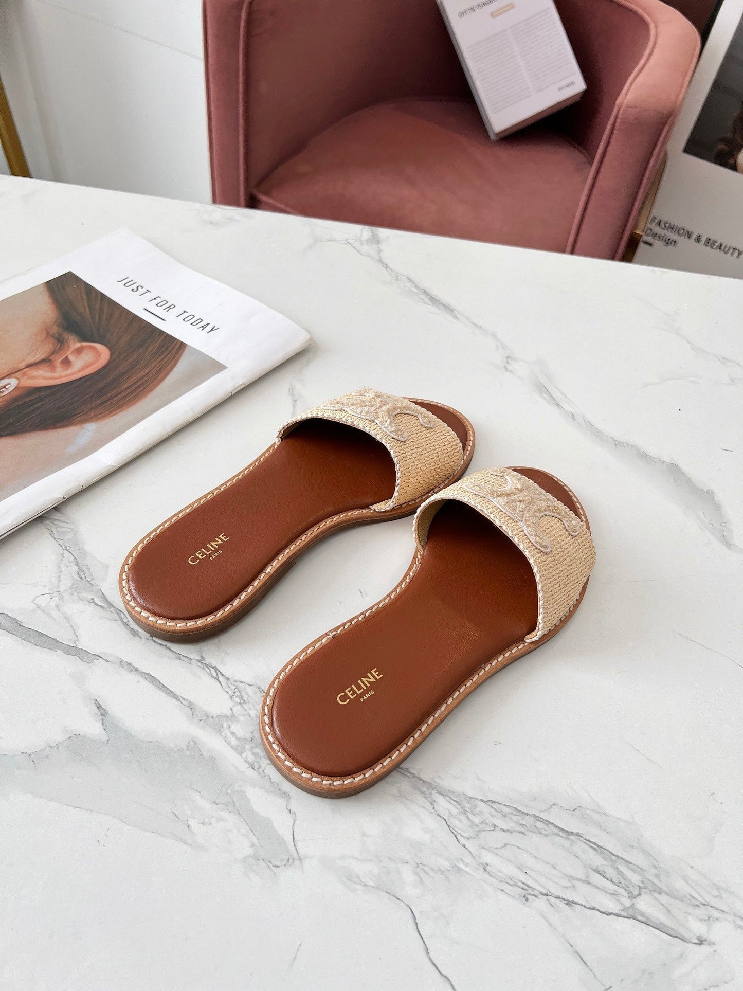 Celine 25C Slippers Beige Fabric with Calfskin 238154