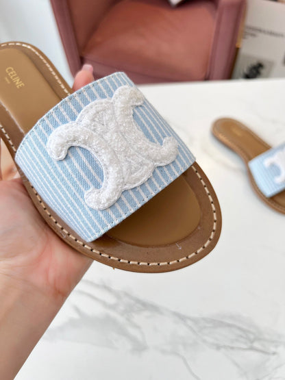 Celine 25C Slippers Baby Blue mix White Fabric with Calfskin 238165