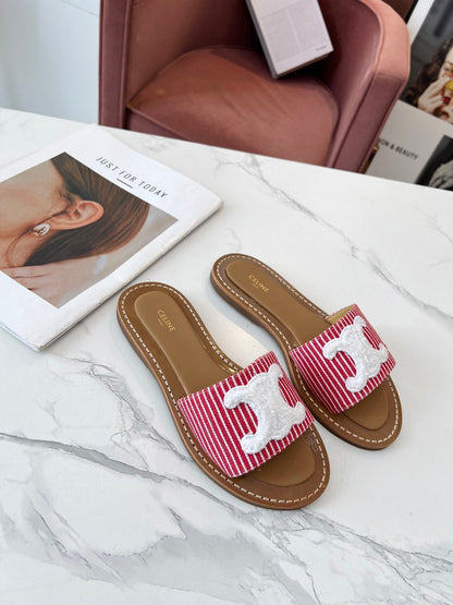 Celine 25C Slippers Red mix White Fabric with Calfskin 238167