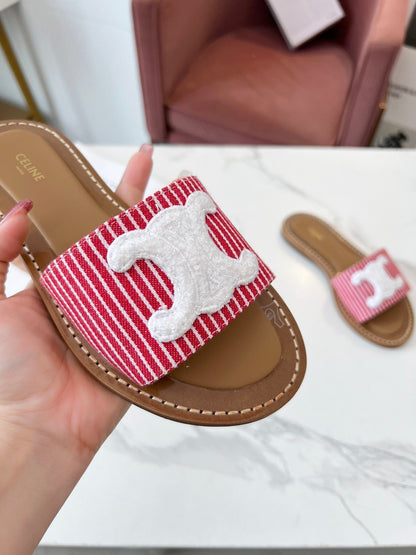 Celine 25C Slippers Red mix White Fabric with Calfskin 238167