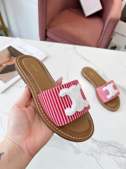 Celine 25C Slippers Red mix White Fabric with Calfskin 238167
