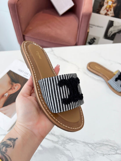 Celine 25C Slippers Black Fabric with Calfskin 238168