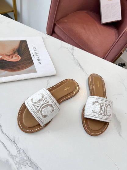 Celine 25C Slippers White Fabric with Calfskin 238157