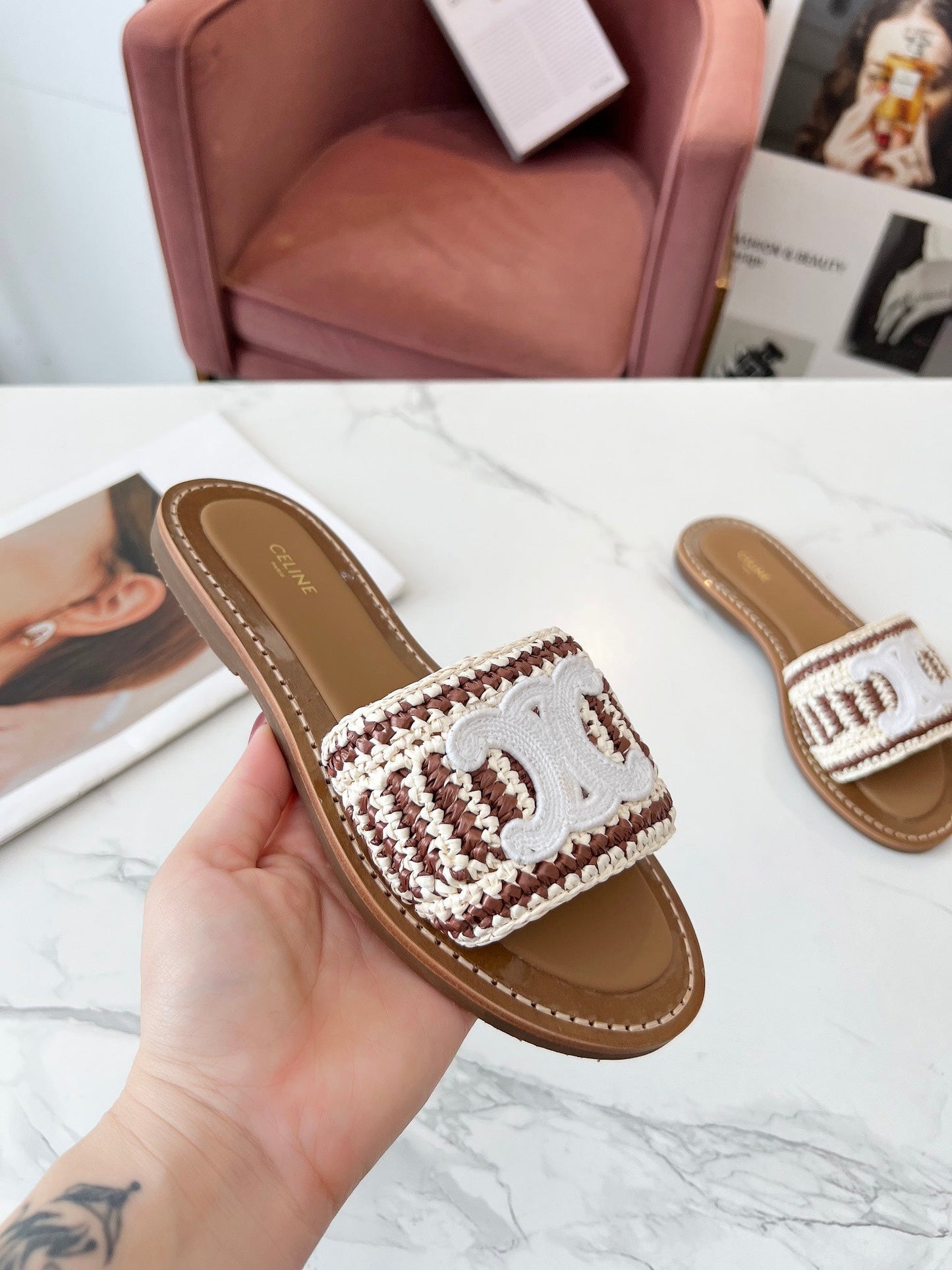 Celine 25C Slippers Beige mix Brown Fabric with Calfskin 238160