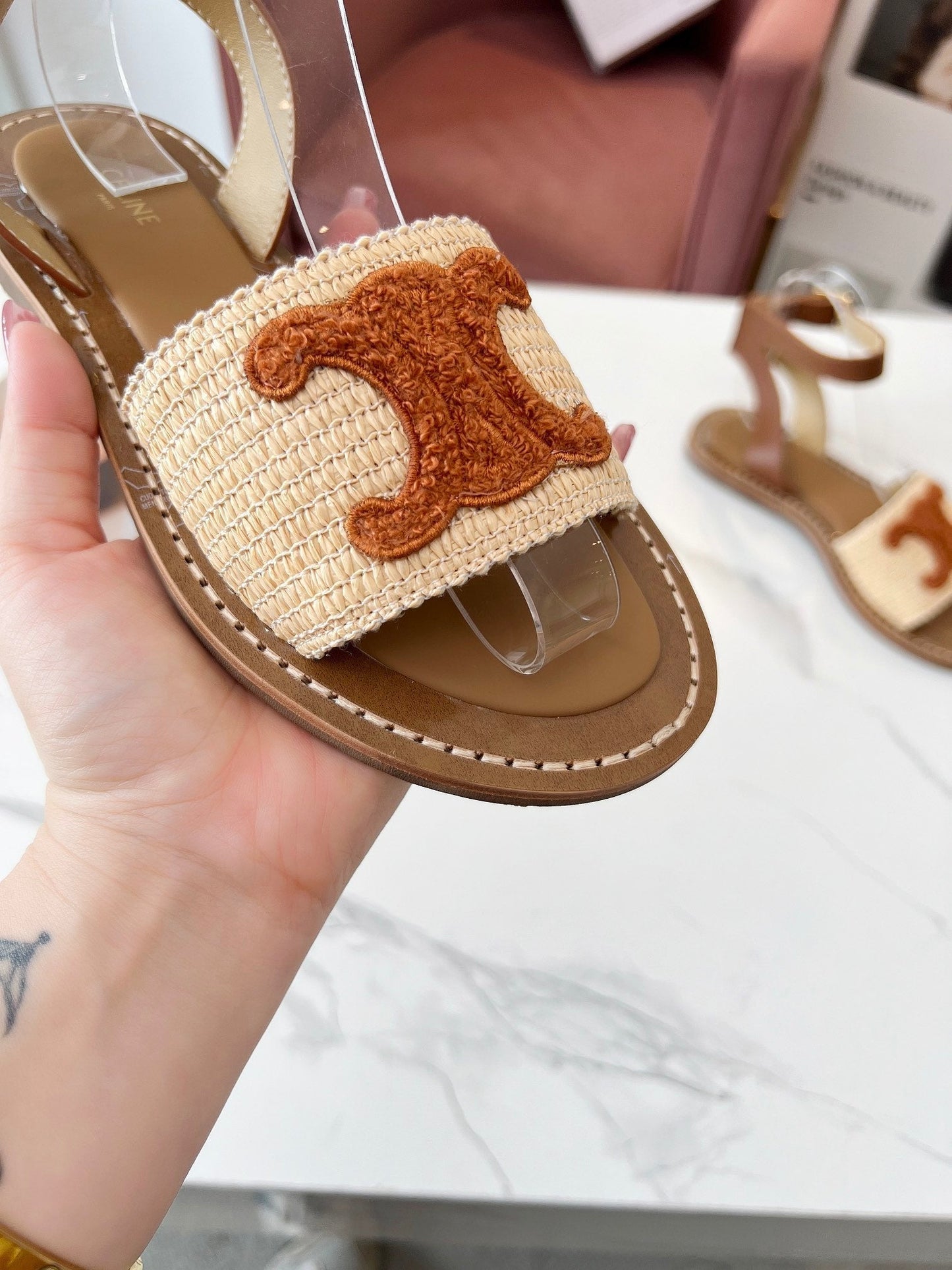 Celine 25C Lympia Sandal Beige mix Brown Fabric with Calfskin 238162
