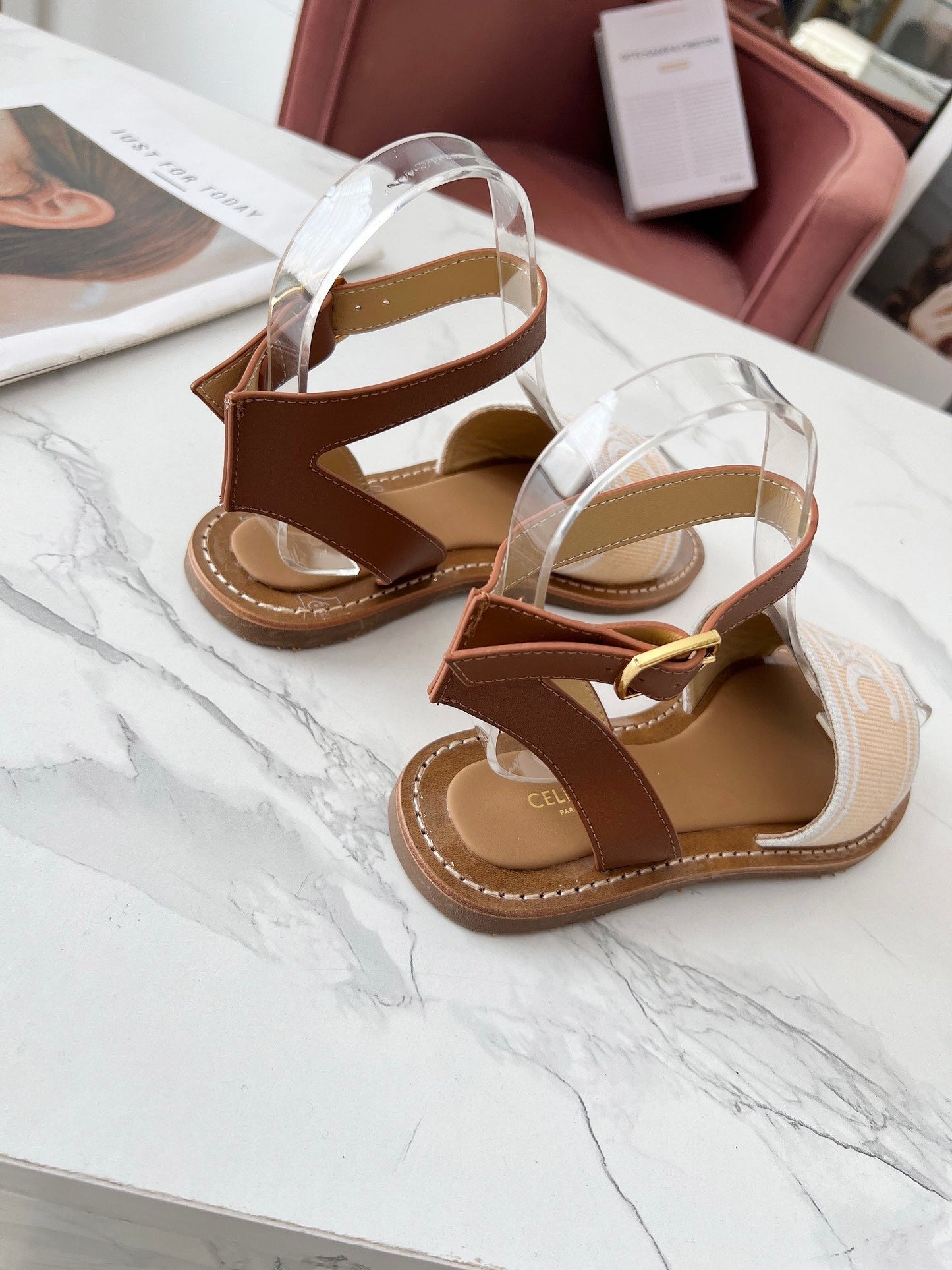 Celine 25C Lympia Sandal Cream with White Canvas with Calfskin 238172