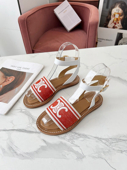 Celine 25C Lympia Sandal Red mix White Canvas with Calfskin 238173