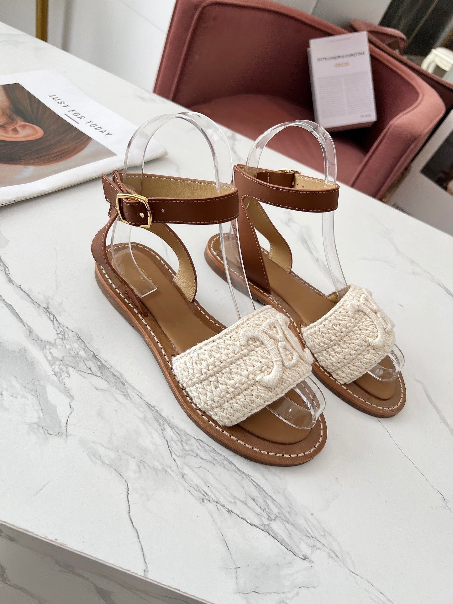 Celine 25C Lympia Sandal White Fabric with Calfskin 238175