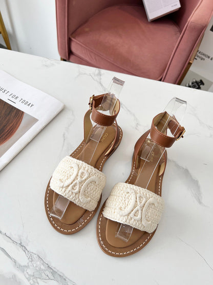Celine 25C Lympia Sandal White Fabric with Calfskin 238175