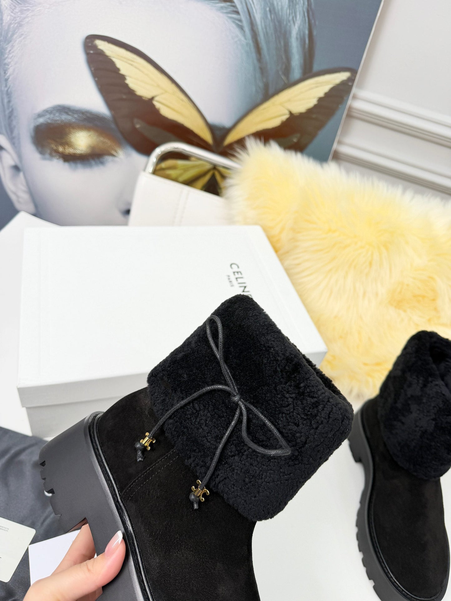 Celin Spring Runway Ankle Boots Black Fur Suede 567511