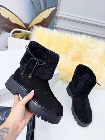 Celin Spring Runway Ankle Boots Black Fur Suede 567511