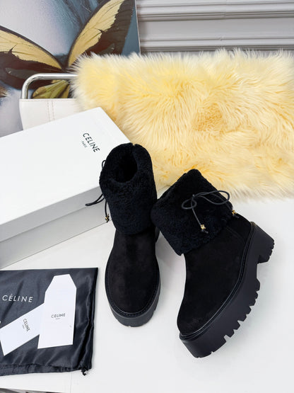 Celin Spring Runway Ankle Boots Black Fur Suede 567511