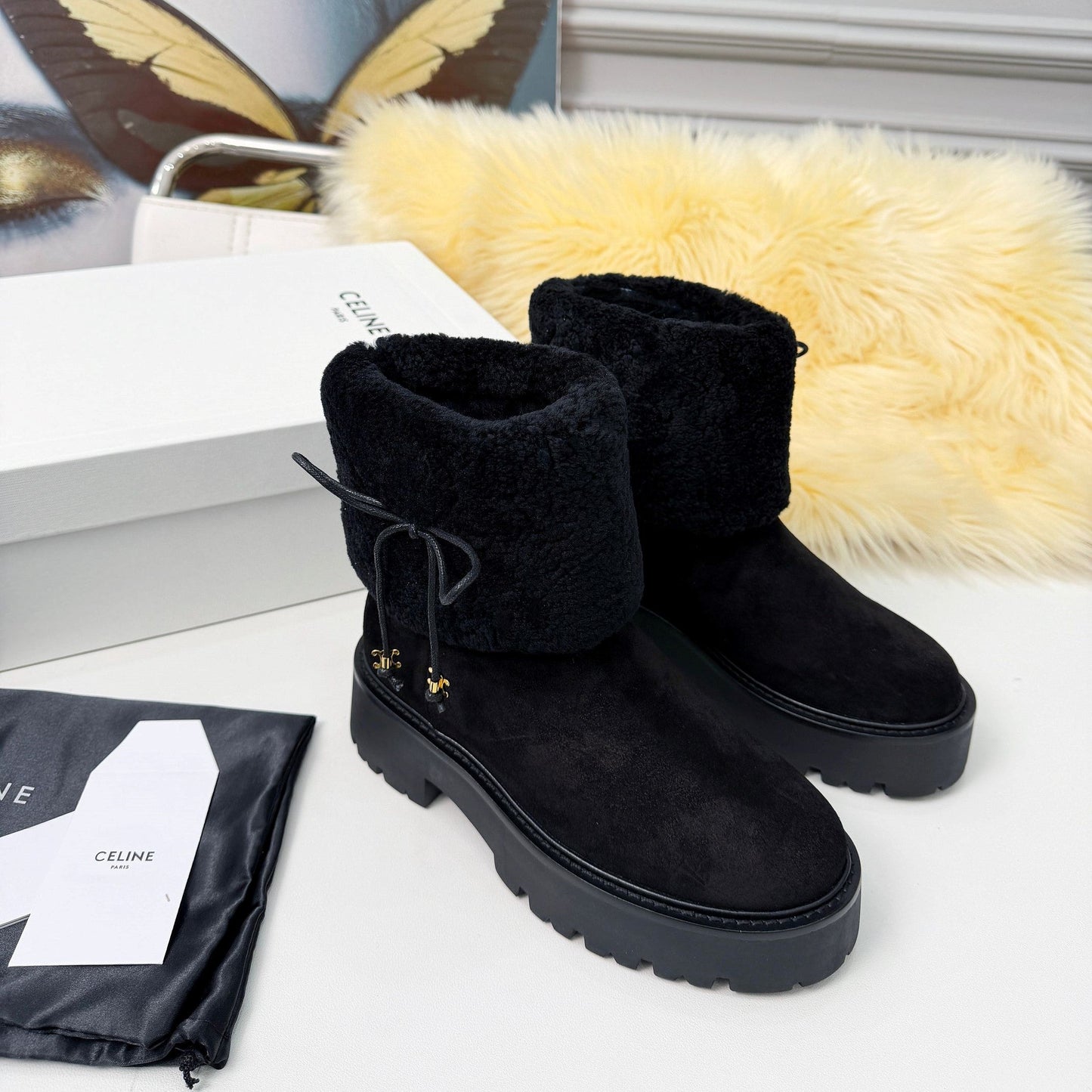 Celin Spring Runway Ankle Boots Black Fur Suede 567511
