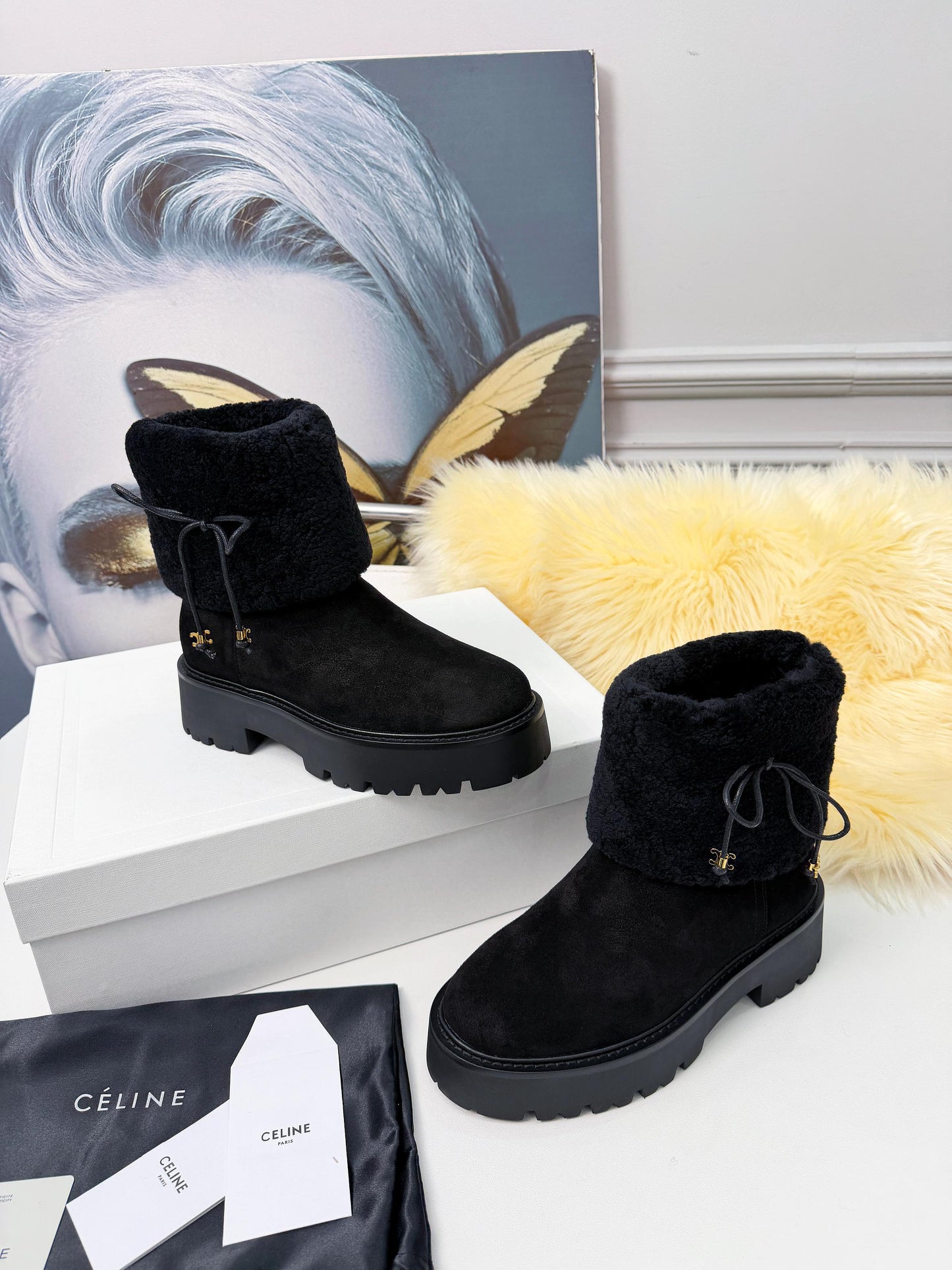 Celin Spring Runway Ankle Boots Black Fur Suede 567511