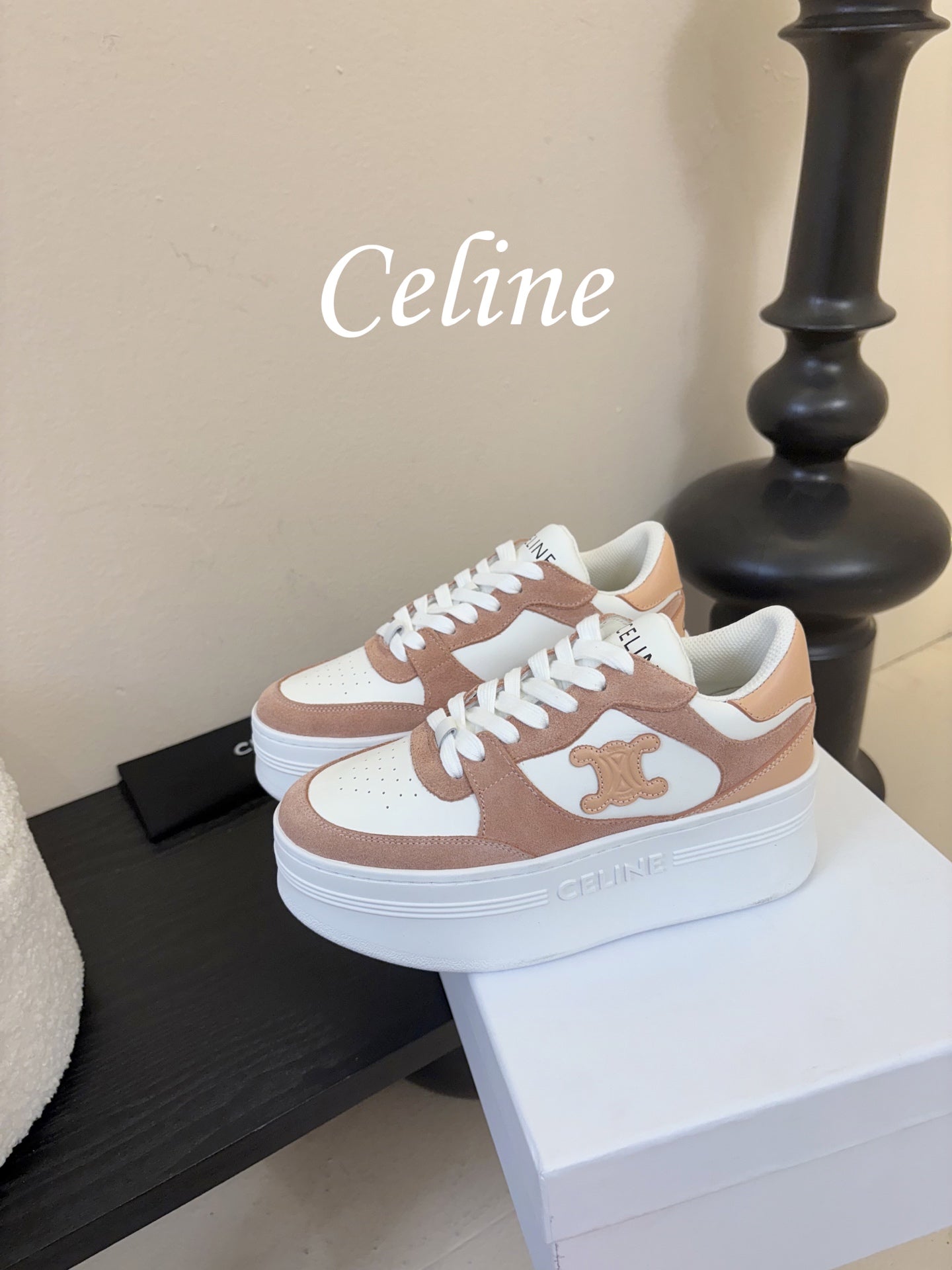 Celine Block Wedge Sneaker White Tan Suede Calfskin 606413