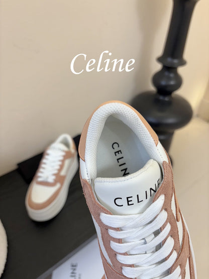Celine Block Wedge Sneaker White Tan Suede Calfskin 606413