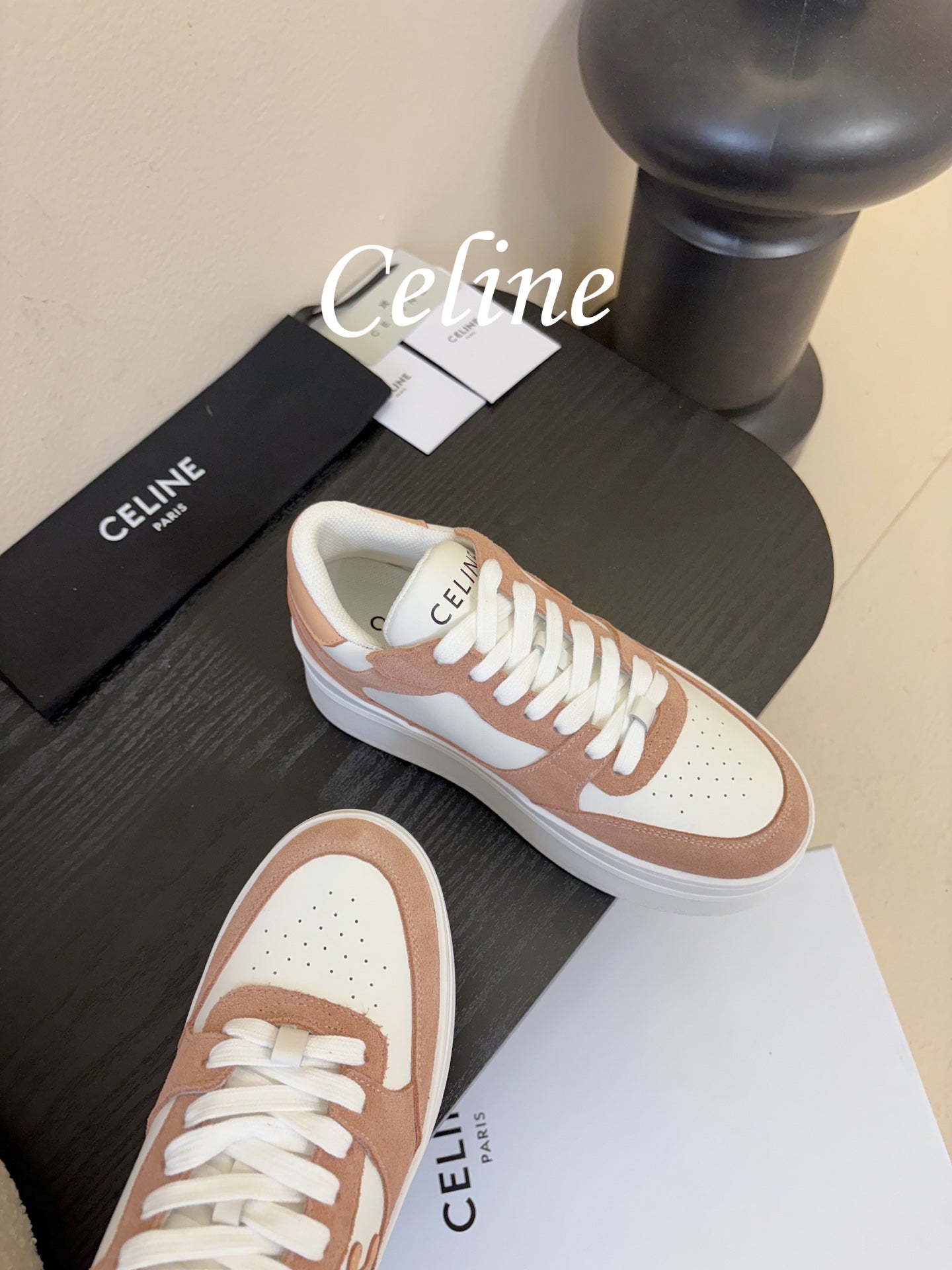 Celine Block Wedge Sneaker White Tan Suede Calfskin 606413