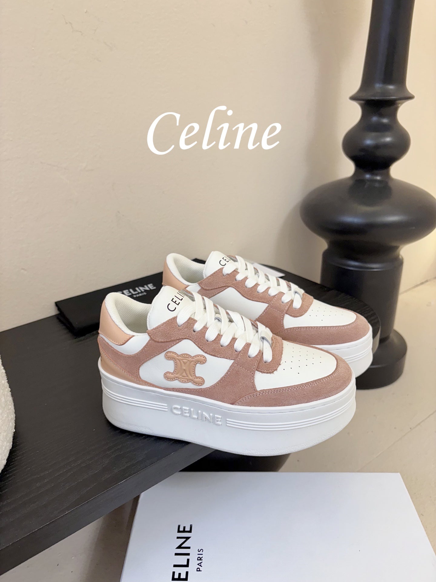 Celine Block Wedge Sneaker White Tan Suede Calfskin 606413